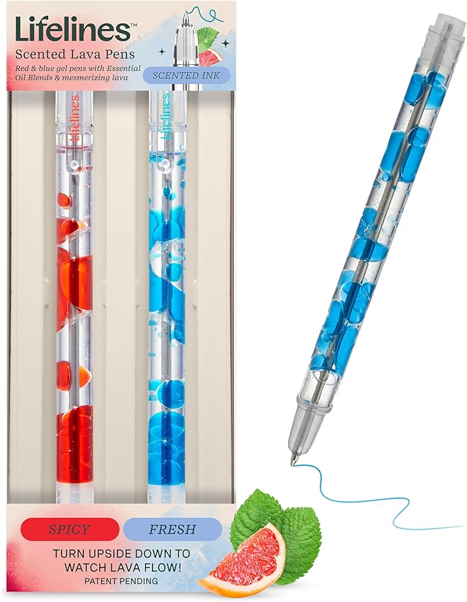 Lifelines Scented Lava Gel Pen Set, 2-Pack (Blue & Red) - 0.7mm Colored Gel Pens Infused with Scented Essential Oil Blends & Mesmerizing Lava - School Supplies for College Kids & Adults