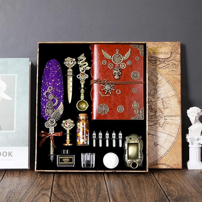 Quill Pen Ink Set, Feather Pen Ink Set With Quill Pen, Notebook, 5 Replaceable Nibs, Seal Stamp, Spoon, Wax Beads, White Wax, Ink, Pen Holder, Cup, Envelope, Letter Paper, Envelope Tool(Purple)