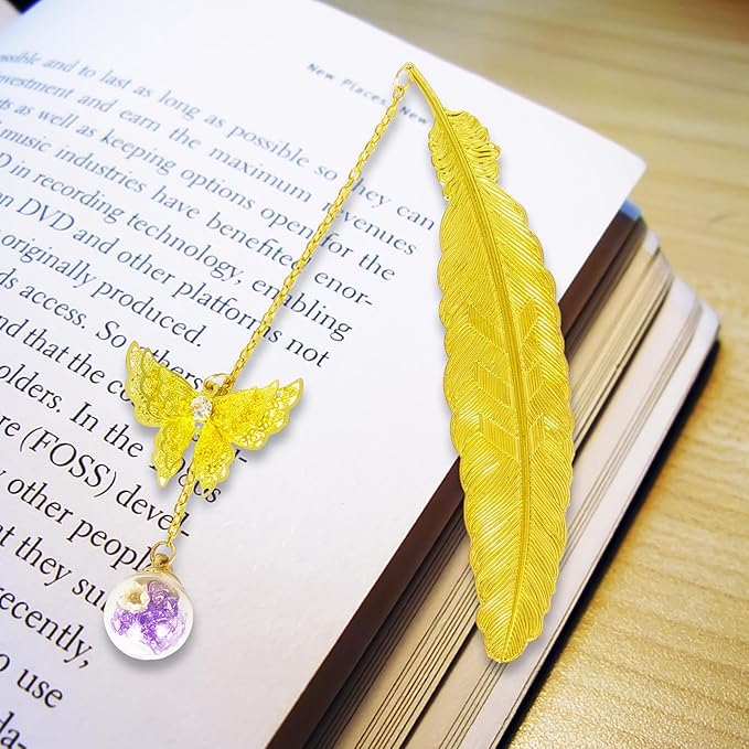 Metal Feather Butterfly Bookmark - Ideal Retirement, Birthday, and Teacher Gifts for Women, Readers, and Book Lovers (Golden.Pink White Flower)