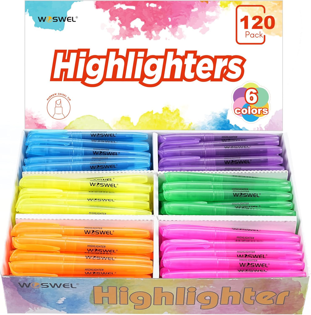 Highlighters Bulk, 120 Pack 6 Assorted Colors No Bleed Chisel Tip Highlighter Markers for Teacher Students, Classroom Must Have, School Office Supplies for Adult Kids