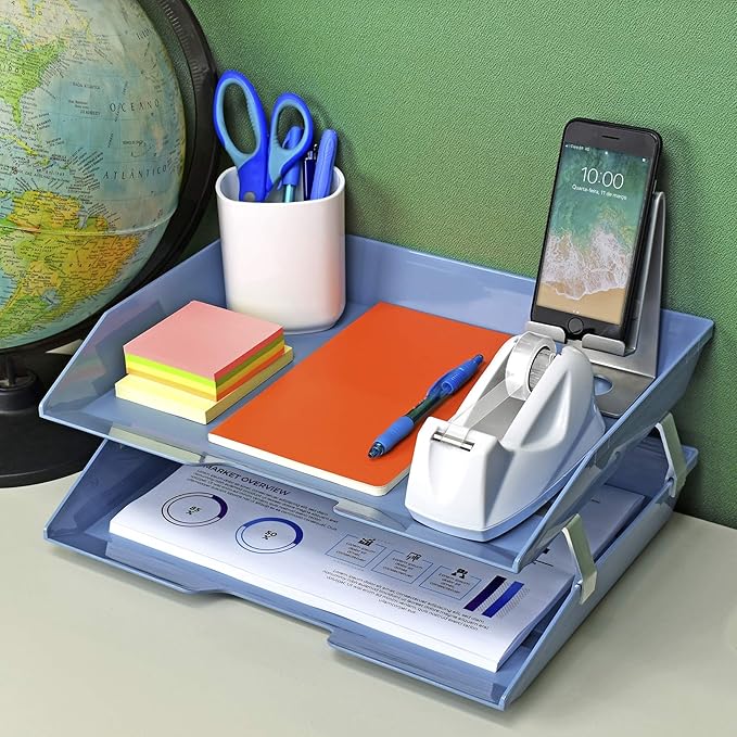 Acrimet 2 Tier Side Load Letter Tray Facility, Desktop File Organizer, A4 Letter Size Paper Organizer, Minimalist Storage Solution Paper Tray for Office, Home, Classroom (Plastic, Solid Blue Color)