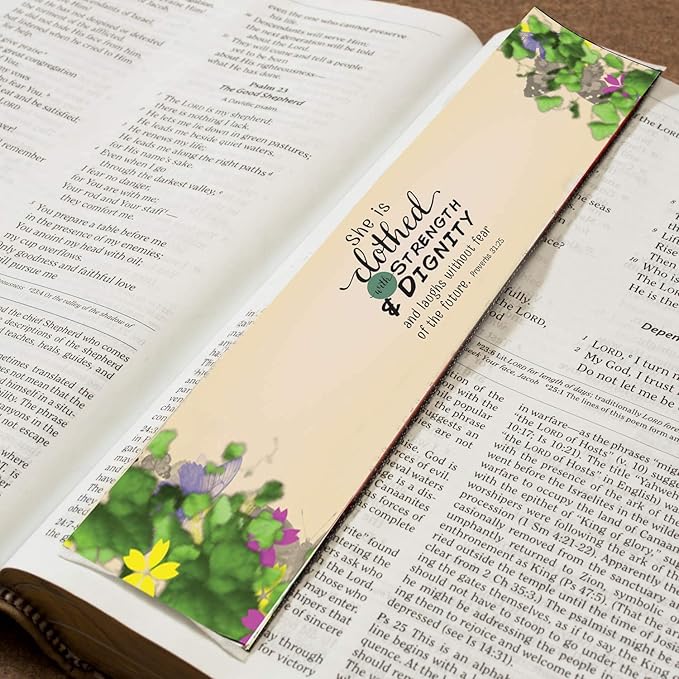 She is Clothed with Strength & Dignity, Bulk Pack of 6 Woven Fabric Christian Bookmarks, Silky Soft Proverbs 31:25 Flexible Bookmarker for Novels Books and Bibles, Religious Memory Verse Gift