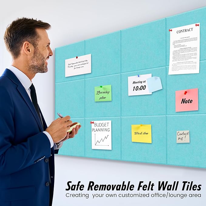 Felt Bulletin Board Felt Wall Tiles 12 Pack- 47"x35" Large Cork Board/Cork Tiles Alternative Safe Removable Felt Boards for Walls Felt Board for Office Felt Pin Board Baby Blue