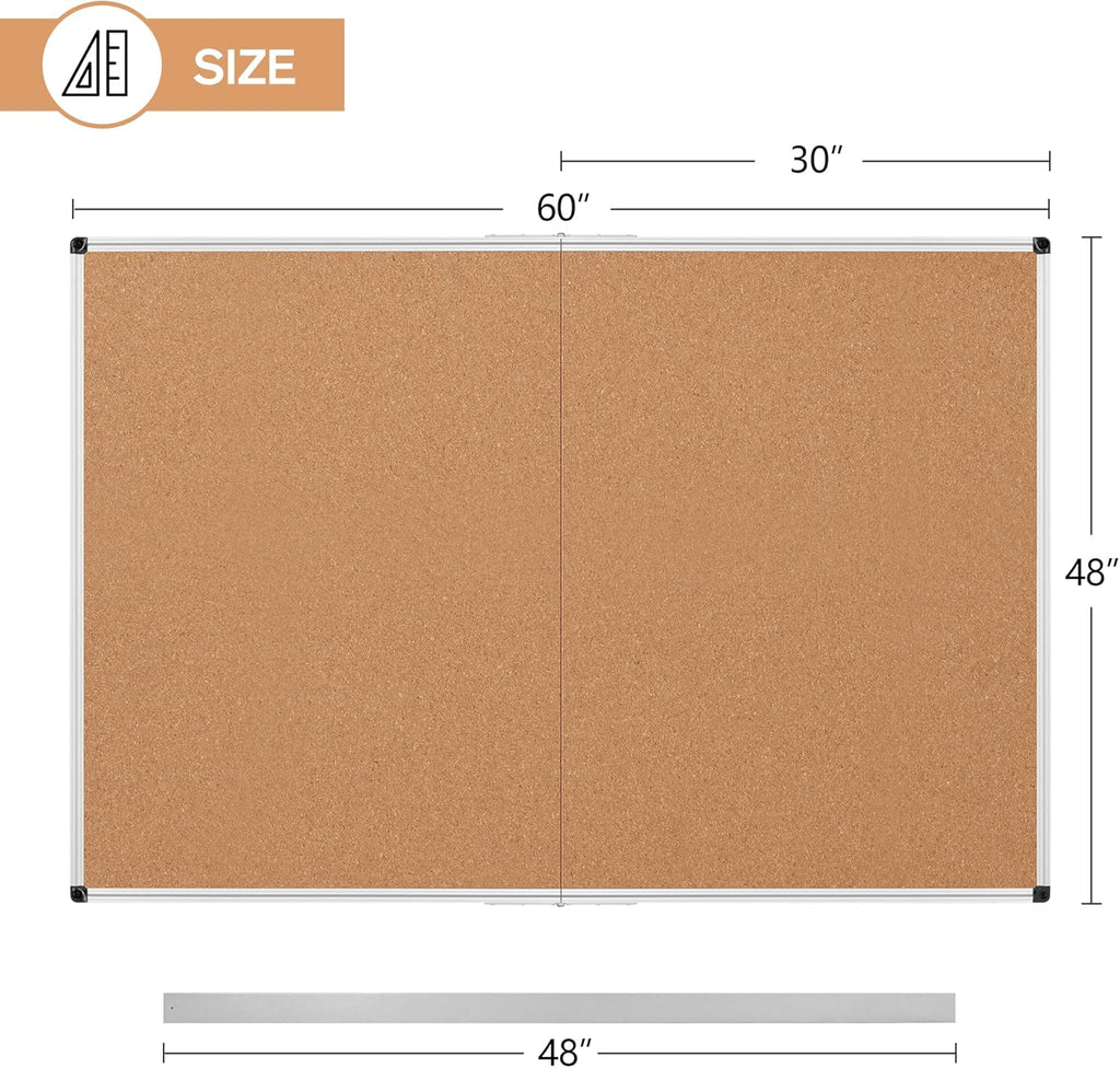 Board2by Extra Large Cork Bulletin Board 60" X 48", Foldable Notice Pin Board for Wall, Silver Aluminum Framed 5'x4' Corkboard, Wall Mounted Noticeboard with 36 Push Pins for School, Home & Office