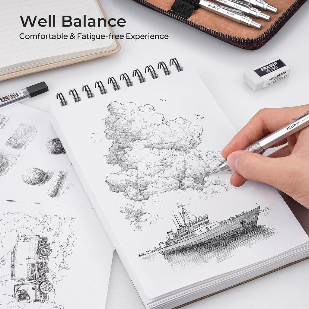 Nicpro 33PCS Metal Mechanical Pencil Set in Leather Case, Art Drafting Pencil 0.3, 0.5, 0.7, 0.9 mm, 2mm Lead Pencil Holders for Sketching Drawing With 18 Tube (6B 4B 2B HB 2H 4H Colors) Lead Refills