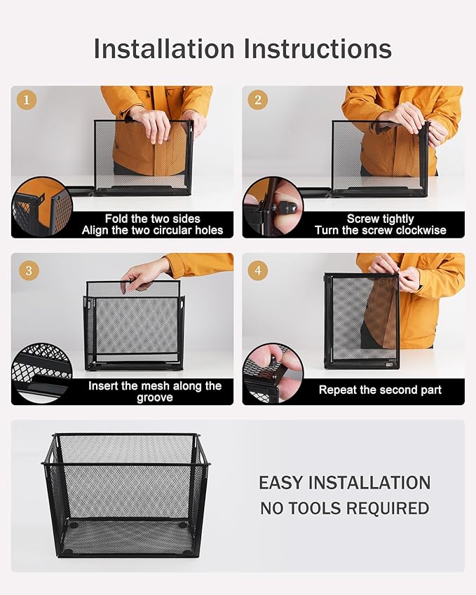 Oterri Hanging File Organizer, Metal File Organizer, Portable Desktop File Organizer for Letter Size Folder, Mesh Hanging File Crate for Office,Folders Not Included(Cool Black,2 Pack)