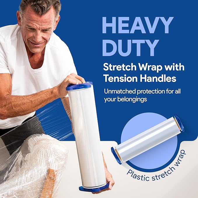 80 Gauge Plastic Stretch Film/Wrap with Tension Handles 1200ft 500% Stretch Clear Cling Durable Adhering Packing Moving Packaging Heavy Duty Shrink Film (Tension Handles, 4)