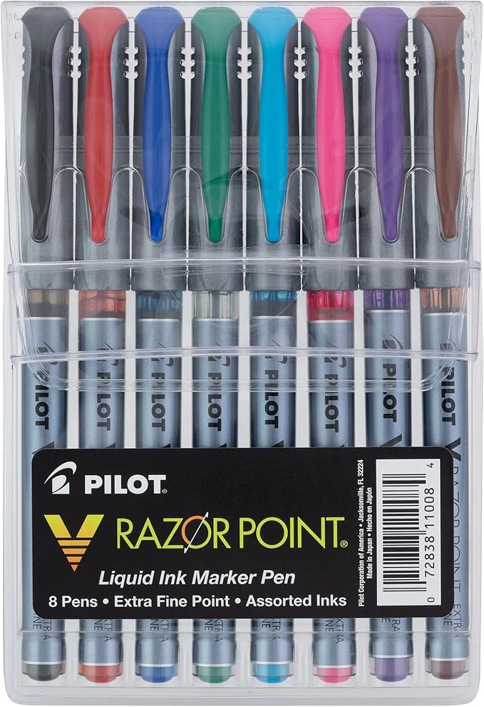 Pilot V Razor Point Liquid Ink Markers, Assorted Color Inks, 8-Pack Pouch (11008)