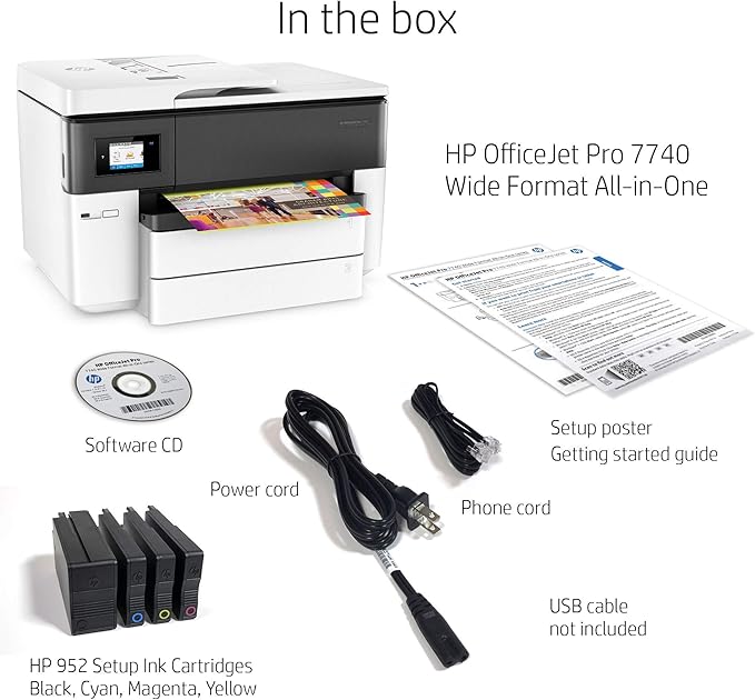 HP OfficeJet Pro 7740 Wide Format All-in-One Color Printer with Wireless Printing, Works with Alexa (G5J38A), White/Black