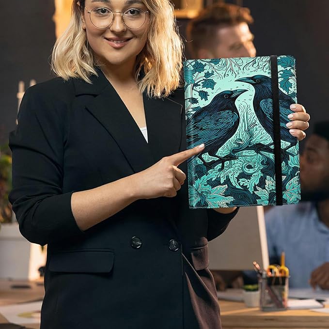 Ravens On Branches Padfolio Folder with Clipboard,Portfolios Organizer Clipboards with Storage Clipboard Writing Pad PU Leather Conference Document Organizer with Business Card Holder