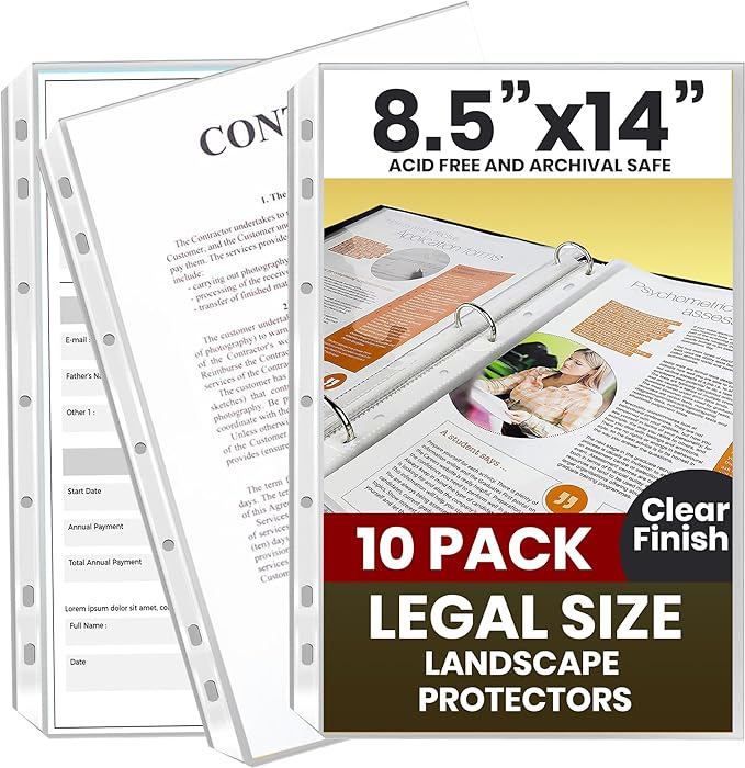Performore 10 Pack of 8.5 x 14 Legal Size Heavyweight Clear Sheet Protectors, Plastic Legal Paper Sleeves, Clear Archival Quality, Long Sheet Protectors for Binders Documents