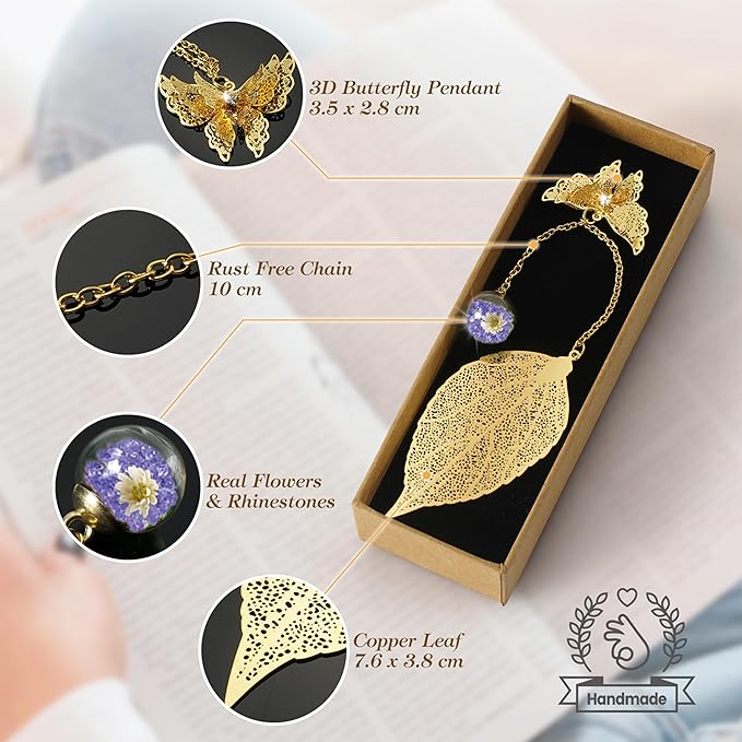 Golden Leaf Metal 3D Bookmark with Bonus Handmade Greeting Card, Butterfly & Rose Flower Craft Gift Card Envelope, Gift for Book Lovers, Family, Friends, Teacher & Kids Chongzhen