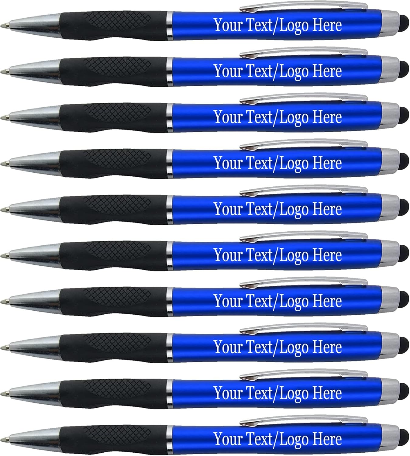 Personalized Pens With your Custom Logo or Text-300 Pack Bulk-for Businesses, Parties, and Events, 2 in 1 Ballpoint Pen + Capacitive Stylus Compatible with Touchscreen Devices, Blue Barrel, Blue Ink