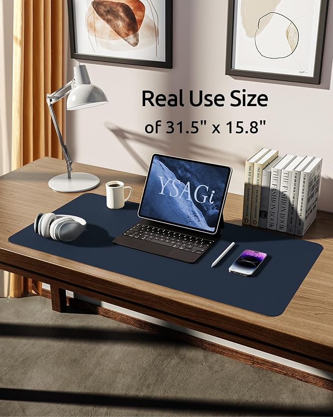 YSAGi Leather Desk Protector, Office Mat, Large Mouse Mat, Non-Slip PU Leather Blotter, Laptop Pad, Waterproof Writing Pad for Office and Home (Dark Blue, 31.5" x 15.8")