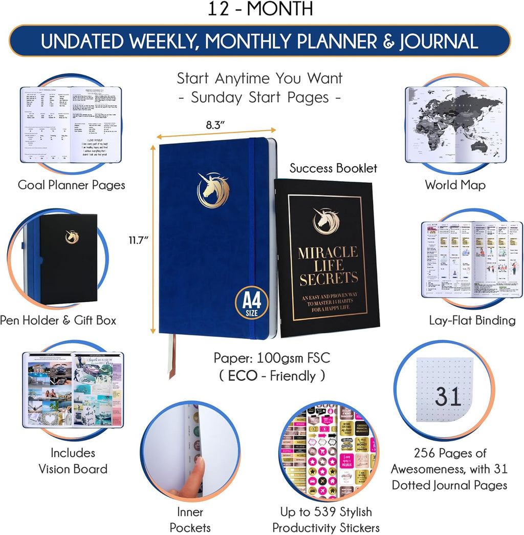 Hourly Planner - Undated Daily, Weekly & Monthly Planner with Budget Section | A 12 Month Journey to Increase Productivity & Happiness | Life Organizer & Gratitude Journal - Vertical Format