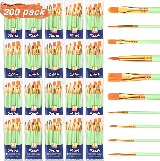ESRICH Paint Brushes Set,20 Packs 200 Pcs Acrylic Paint Brush Set,St. Patrick's Party Acrylic Oil Watercolor, Face Nail Art, Miniature Detailing,Rock Painting,Painting Artist Professional Kits(Green)