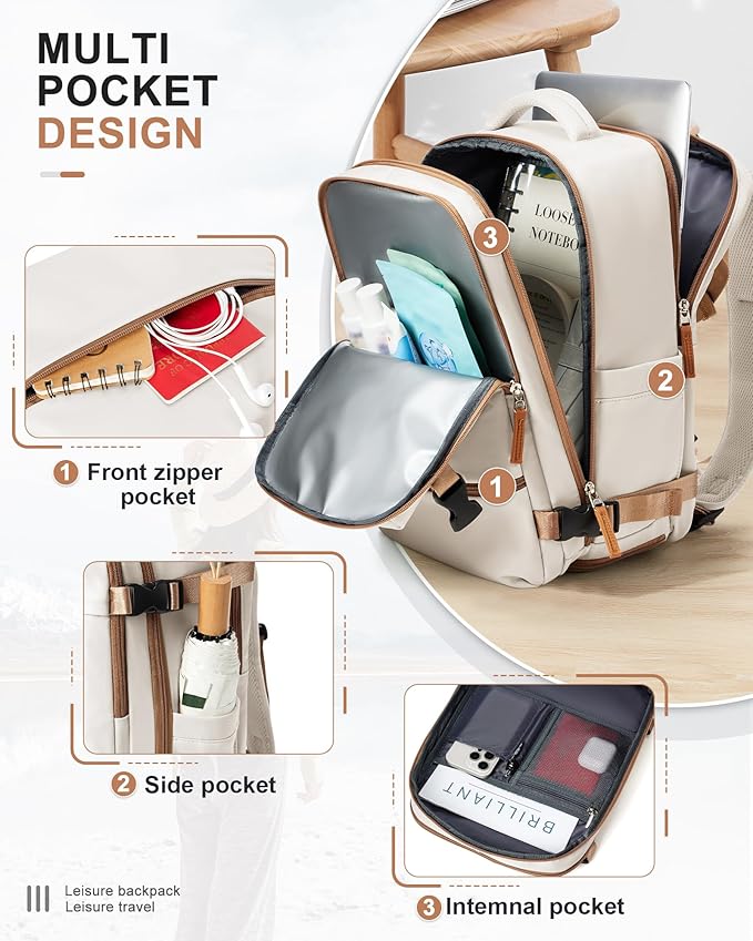 Travel Backpack for Women Men, Flight Approved Carry on Backpack with Shoe Compartment, Waterproof Laptop Backpack Personal Item Travel Bag - Ideal for Weedender, Hiking, Sport & Gym, Beige with Brown