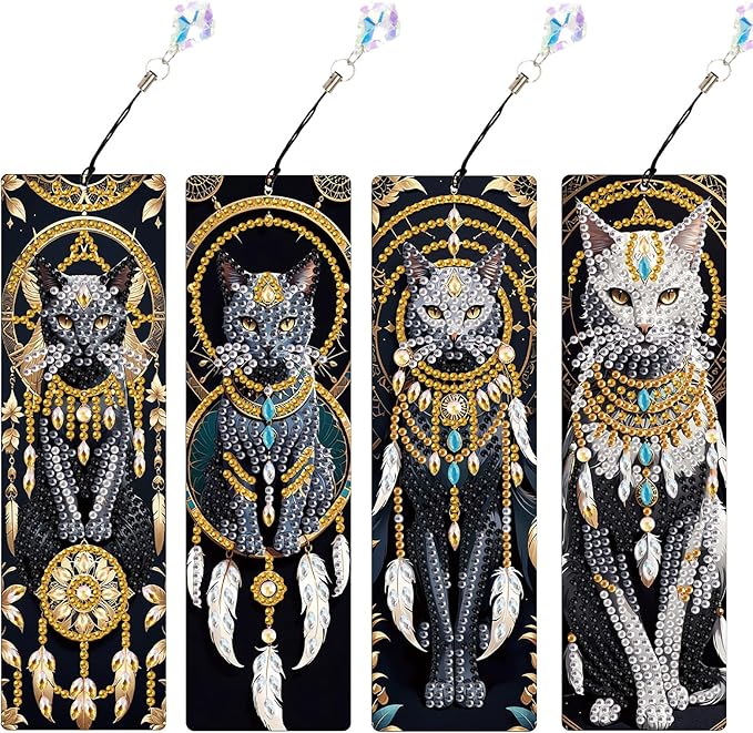 4-Piece Animal Diamond Painting Bookmarks Set for Adults – DIY 5D Rhinestone Art Bookmark Kits with Tassels, Beautiful Diamond Art Bookmarks for Crafts and Gifts, Dreamcatcher Cat