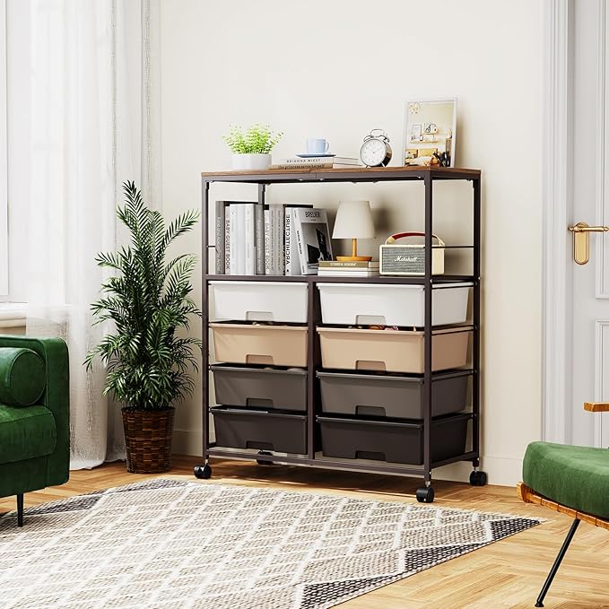 8 Drawers Rolling Storage Cart with Wooden Top, Multipurpose Utility Cart with Opening Shelf & Lockable Wheels, Storage Drawer Cart Organizer for Home Office Craft Room Classroom, Brown