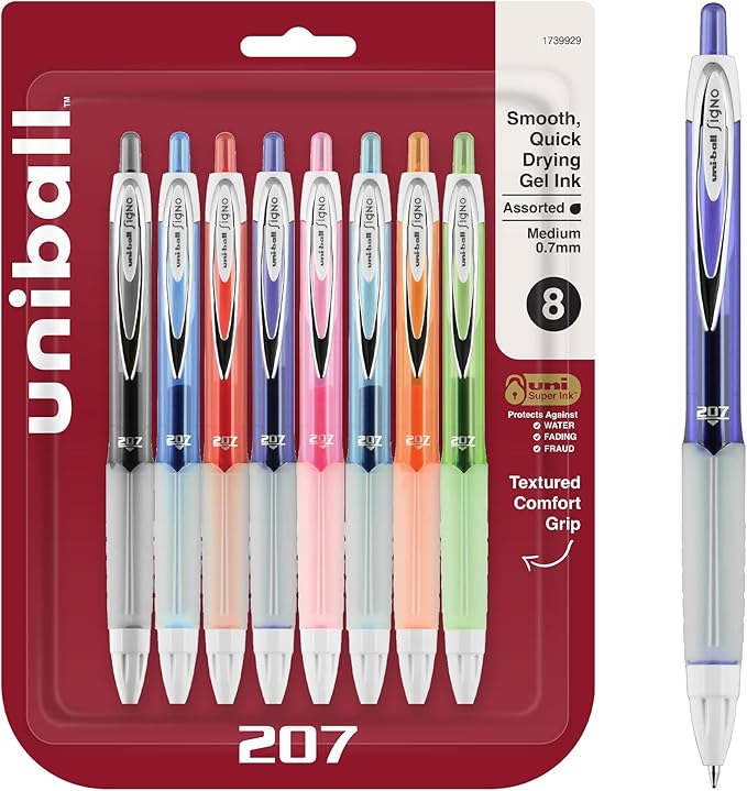 Uniball Signo 207 Gel Ink Pen 8 Pack, 0.7mm Medium Assorted, Office Supplies Sold by Uniball are Ballpoint Pen, Colored Pens, Gel Pens, Fine Point, Smooth Writing Pens