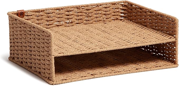 U Brands Woven Two-Tier Paper Tray, Rattan-Inspired Wicker Style Office Organization Supplies, 1 Count