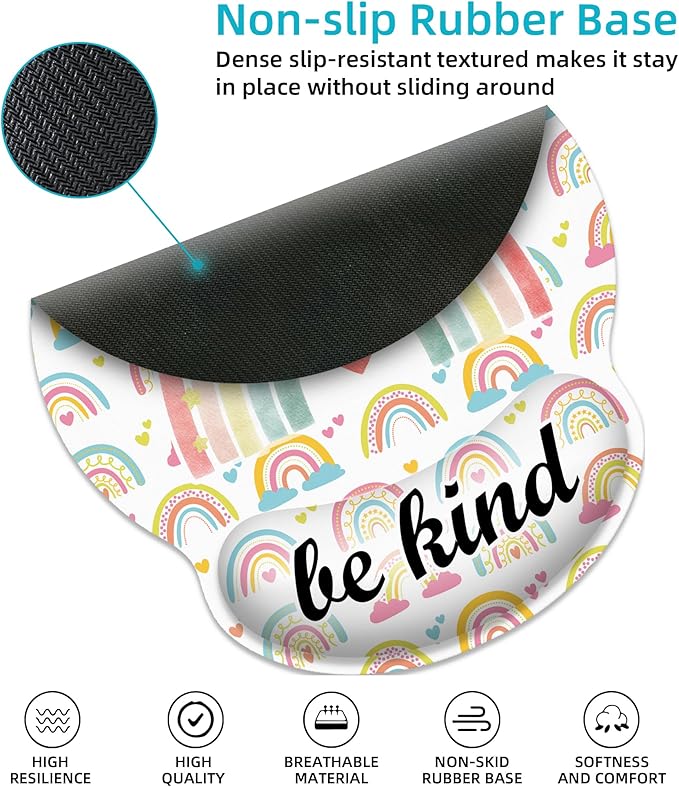 Ergonomic Mouse Pad with Wrist Support,Inspirational Be Kind Rainbow Mouse Pad with Wrist Rest,Relieve Wrist Pain Mousepad Non-Slip Rubber Base,Mouse Pads for Desk,Computers,Laptop,Office,Accessories