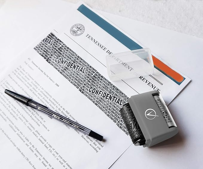 Identity Theft Protection Roller Stamps Wide Kit - Confidential Roller Stamp, Anti Theft, Privacy & Security Stamp, Designed for ID Blackout Security - Classy Gray with 6 Refills