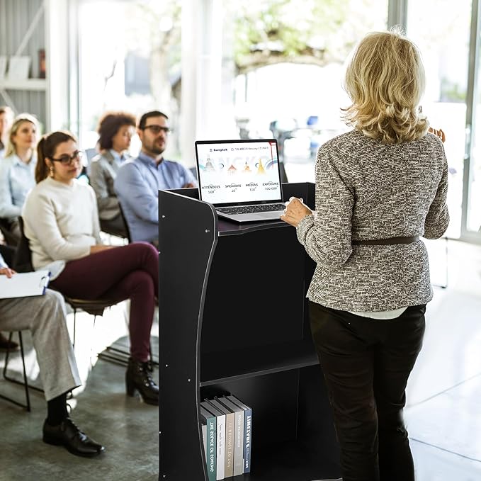 Wooden Podium Stand with Wheels, Versatile Black Lectern for Church Pulpits, Reception Desks, Lectures, Cash Registers