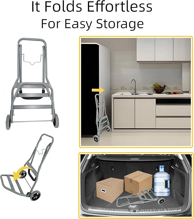 Folding Hand Truck with Silent Wheels, 165lbs Luggage Dolly Foldable Dolly Cart Lightweight Portable Folding Dolly Hand Cart Heavy Duty Utility Cart for Home Office Travel Use (Gray 2 Rubber Wheels)