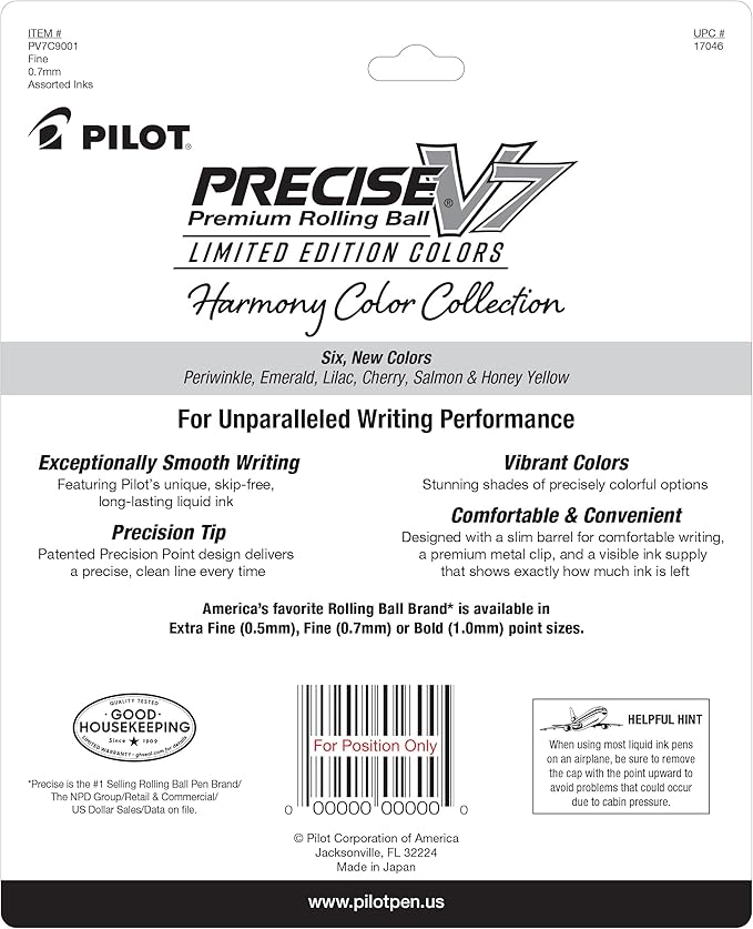 Pilot, Precise V7, Capped Liquid Ink Rolling Ball Pens, Fine Point 0.7 mm, Limited Edition Assorted Colors, Pack of 9