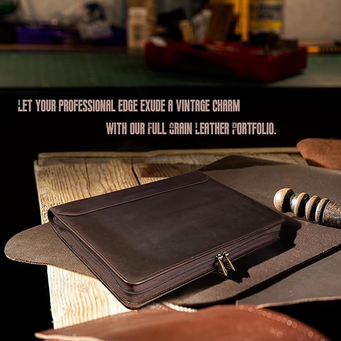 Padfolio Binder- A4 Letter Size 3-Ring Binder, Leather Portfolio Folder Organizer Deep Brown Crazy Horse Leather with Free Name Engraving. Includes Business Card Holder and Letter-Sized Writing Pad.