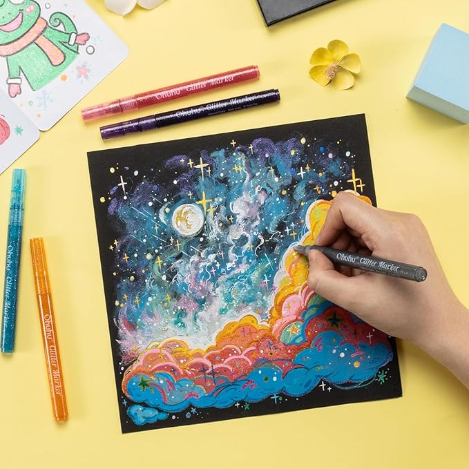 Ohuhu Glitter Markers Pen 24 Glitter Colors Fine Point Tip Water-based Metallic Shimmer Markers for Kids Adults DIY Crafts Greeting Birthday Cards Drawing Coloring Poster Album Scrapbooking Mugs Wood