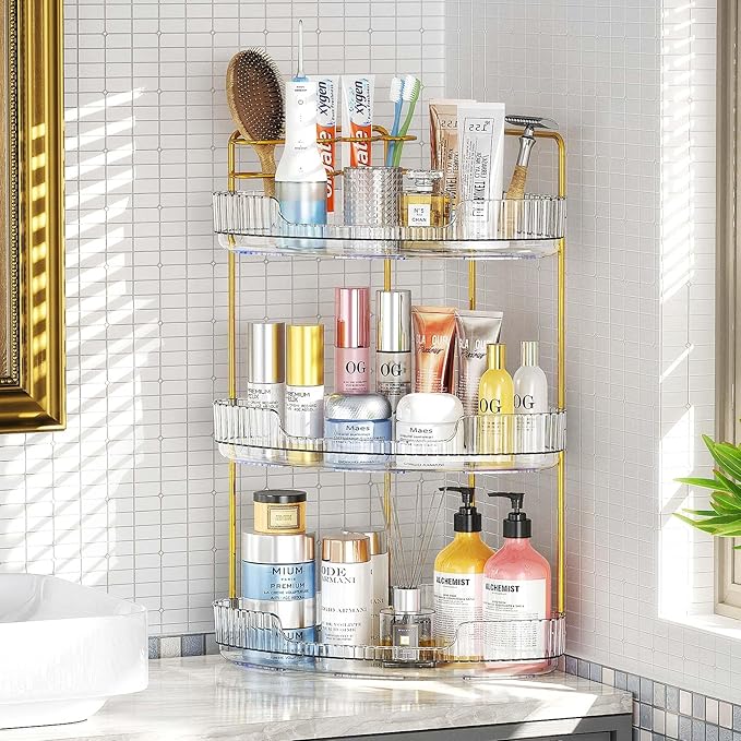 3-Tier Corner Bathroom Counter Organizer Makeup Cosmetic Storage, Tool-Free Installation Acrylic Vanity Shelf, Countertop Storage Organizers Perfume Tray for Bathroom, Dresser, Kitchen (Clear)