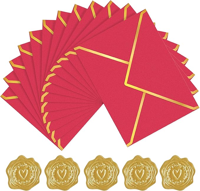 60 Pack Gold Envelopes 5x7 Rose Red, 250G Pearled Cardstock A7 Envelopes for Invitations Business Mailing Envelope with Gold Foil Border, A6 4x6 Envelopes for Wedding Baby Shower Cards