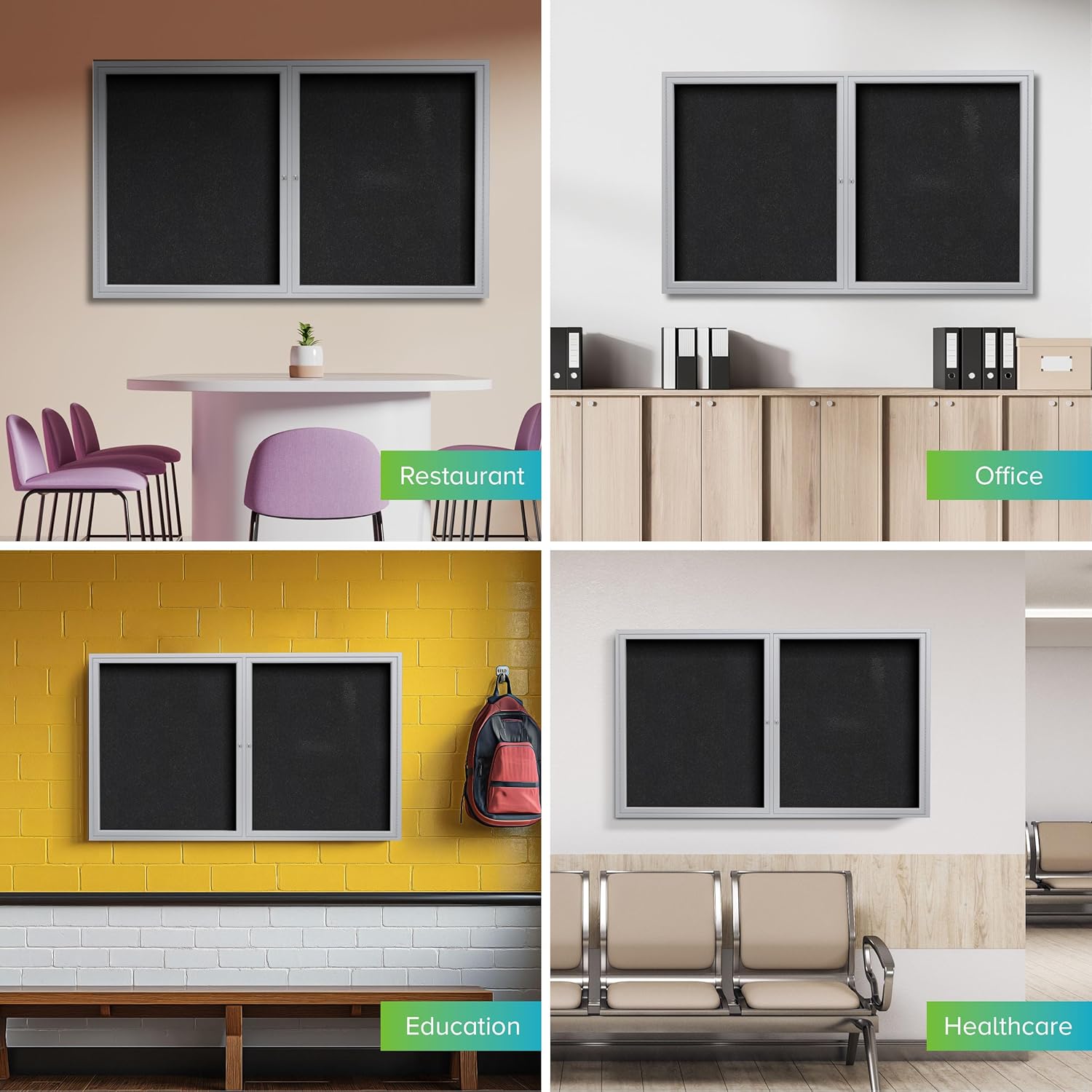 Ghent 36" x 48" 2-Door indoor Enclosed Recycled Rubber Bulletin Board, Shatter Resistant, with Lock, Satin Aluminum Frame,Black (PA234TR-BK) ,Made in the USA