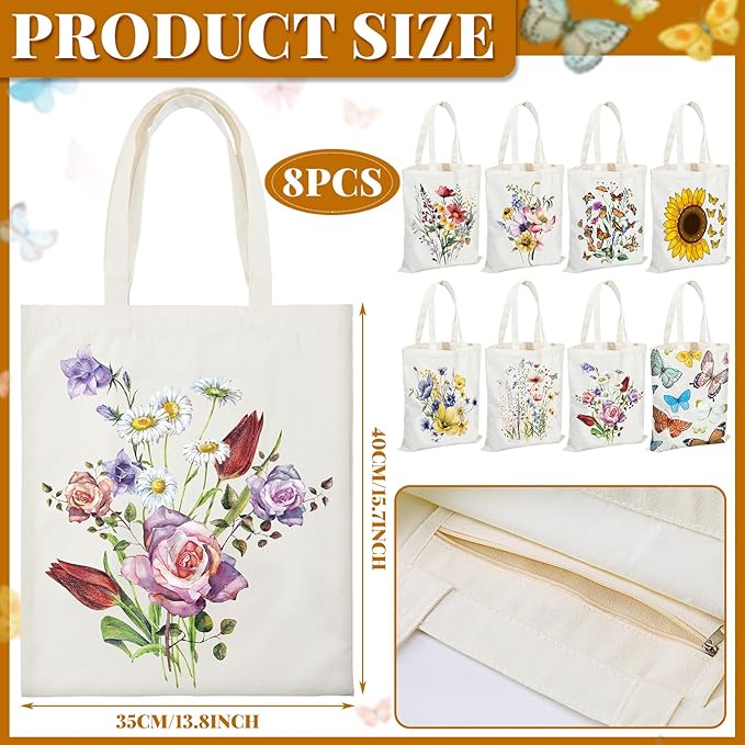 Sweetude 8 Pack Christmas Book Club Gifts Book Lovers Tote Bag Bulk Bookish Canvas bag Librarian Readers Gifts for Women(Butterfly)