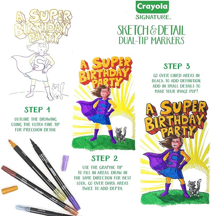 Crayola Sketch & Detail Dual-Tip Markers (16ct), Markers for Adult Coloring, Fine & Brush Tip Art Markers, For Calligraphy & Drawing
