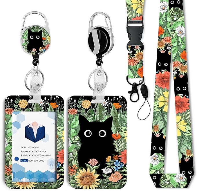 Cute Cat Hidden in The Flowers Badge Holder with Retractable Reel and Breakaway Lanyard，Badge Clips Retractable Heavy Duty Badge Reel，ID Holder with Breakaway Lanyard for School Nurse Office Teen ﻿2