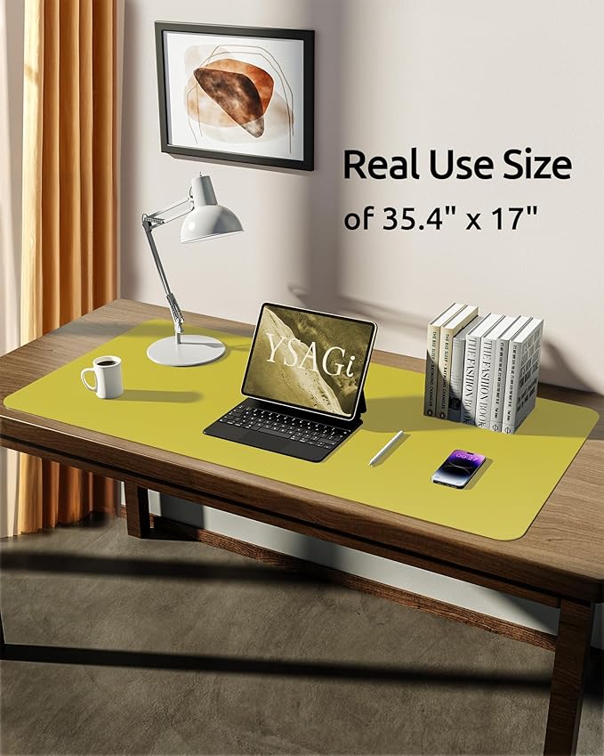 YSAGi Leather Desk Protector, Office Mat, Large Mouse Mat, Non-Slip PU Leather Blotter, Laptop Desk Pad, Waterproof Writing Pad for Office and Home (Olive Green, 35.4" x 17")