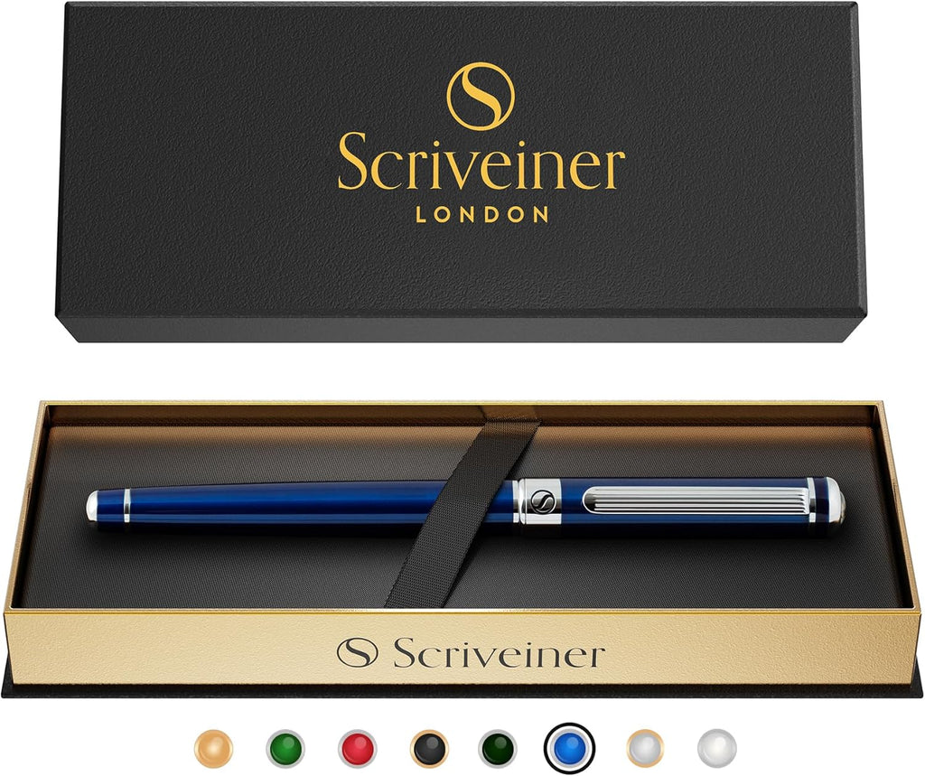 Scriveiner Midnight Blue Rollerball Pen - Stunning Blue Lacquer Luxury Pen, Chrome Finish, Schmidt Ink Refills, Men & Women, Professional, Executive Office, Nice Pen