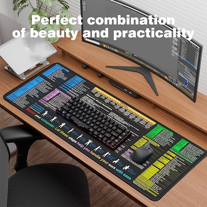 Waterproof Desk pad—Excel Cheat Sheet Desk pad—Contains Various commonly Used Office Software Such as Excel, Word, etc—Large XL Mouse pad Gaming|Office Keyboard pad|Computer mat with excel Shortcuts