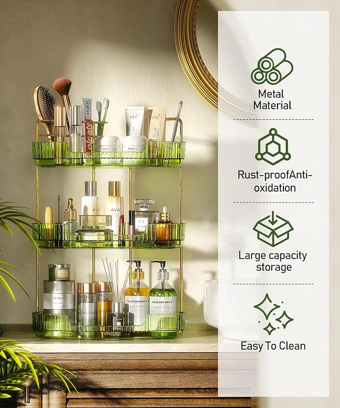 3-Tier Corner Bathroom Counter Organizer Makeup Cosmetic Storage, Tool-Free Installation Acrylic Vanity Shelf, Skin Care Organizer Perfume Tray for Countertop Bathroom, Dresser, Kitchen (Green)