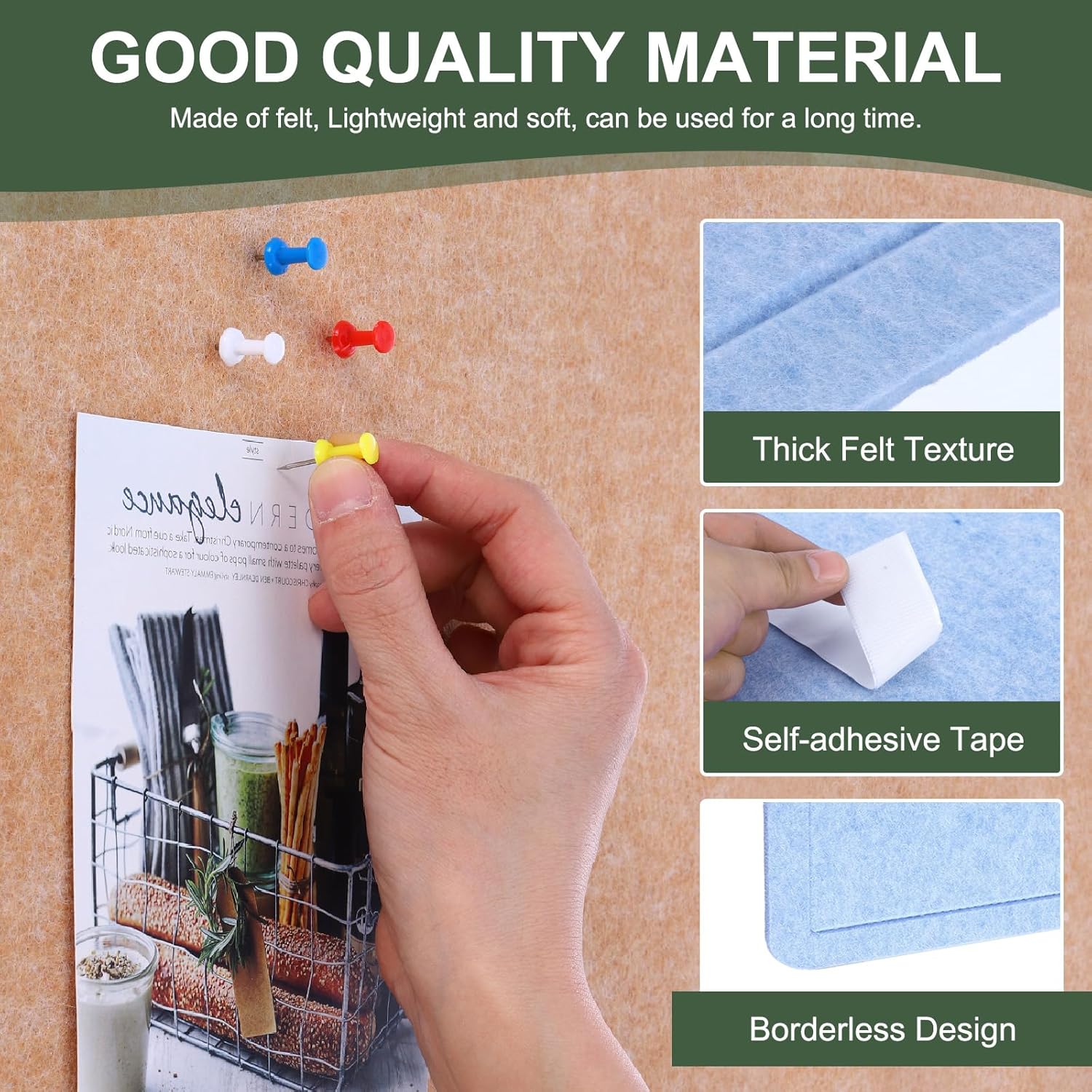 YOKIVE Felt Bulletin Board, 48 x 36 -Inch Foldable Decorative Pin Board Self Adhesive Felt Cork Board with 20 Pushpins, Great for Wall, Photo Display, Paste Note, Schedule(Blue)