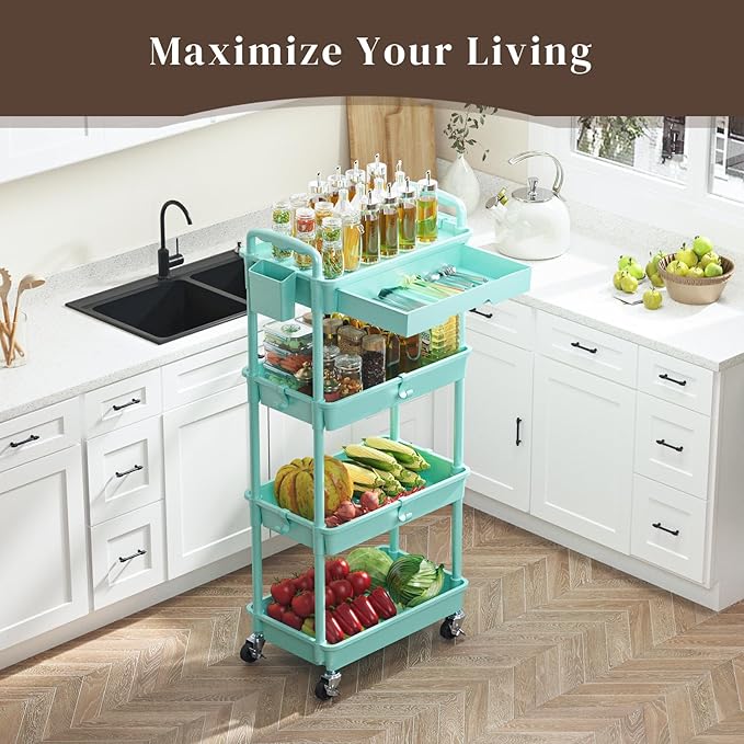 4 Tier Rolling Utility Cart with Drawer, Utility Storage Organizer with Plastic Shelf & Lockable Wheels Multifunctional Storage Cart for Kitchen, Bathroom, Office, Living Room, Blue