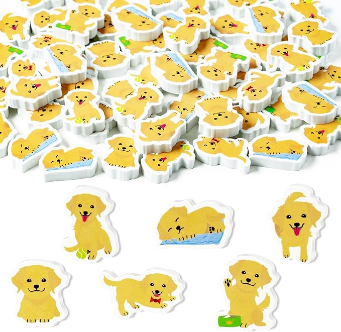 CJiangpo 60Pcs Golden Retriever Mini Eraser for Kids Bulk - Cute Cartoon Pencil Rubber Eraser Novelty 3D Desk Puzzle Rubbers Dog Birthday Party Favors Filler Kids Back to School Classroom Prizes Gifts