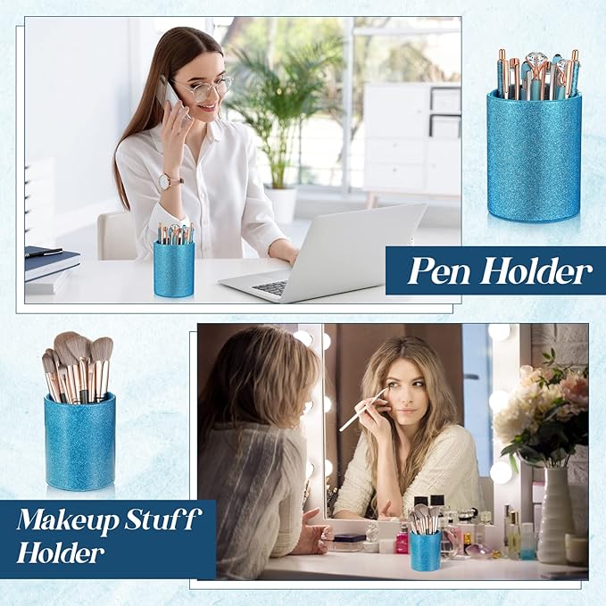 Sabary 8 Pcs Ballpoint Pens with Pen Holder for Desk Glitter Crystal Diamond Fancy Pencil Holder Bling Desk Organizer Cute Stationery Supplies for Women Girls Wedding Office School Gifts(Blue)