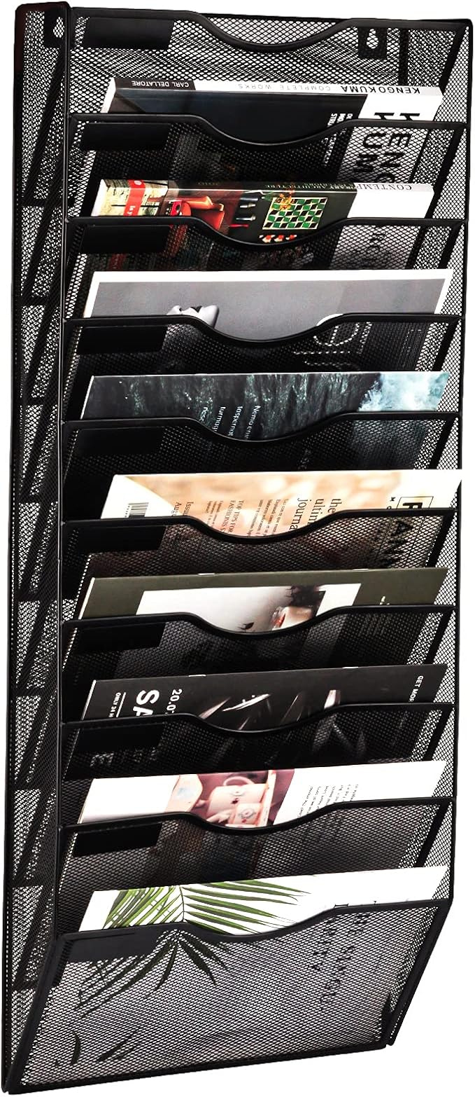 EASEPRES 10 Pockets Mesh Wall File Holder Organizer Office Hanging Magazine Rack, Black