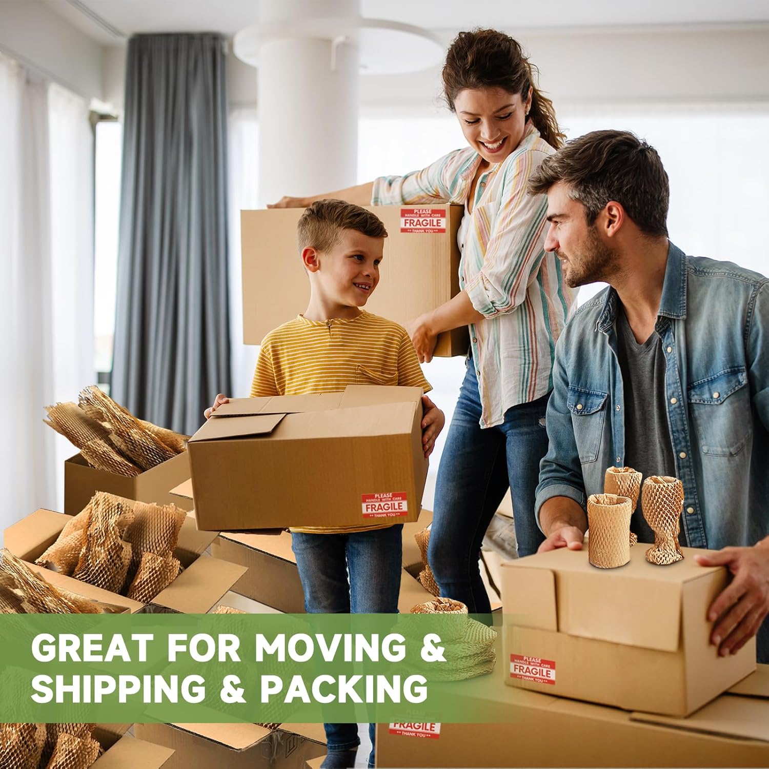 Honeycomb Packing Paper Wrap 15''x12000" (1000 ft), Substitute Alternative for Bubble Cushioning Wrap for Moving Shipping Packaging, Recyclable Moving Supplies with 48 Fragile Sticker Labels