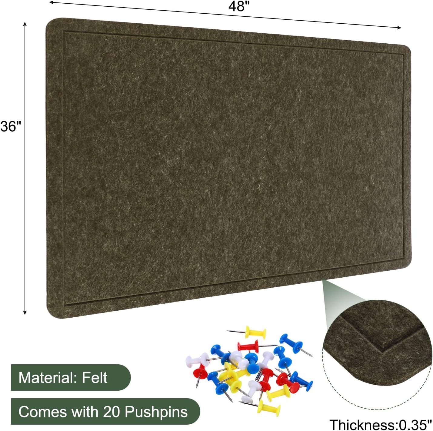 YOKIVE Felt Bulletin Board, 48 x 36 -Inch Foldable Decorative Pin Board Self Adhesive Felt Cork Board with 20 Pushpins, Great for Wall, Photo Display, Paste Note, Schedule(Olive)