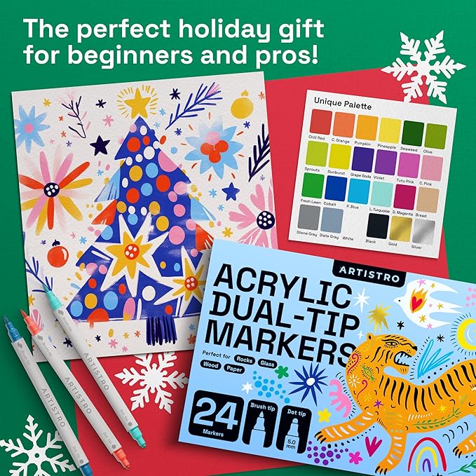 ARTISTRO 24 Acrylic Paint Markers for Fabric, Rocks, Paper, Wood, Canvas, Glass, DIY - Safe for Kids Dual Tip Acrylic Paint Pens (Dual Tip Dot + Brush, 24)
